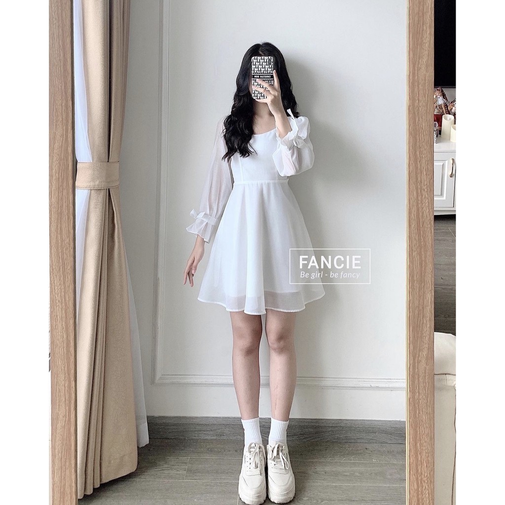 [có video][vải xịn loại 1] Đầm thiết kế đầm nữ trắng dáng xòe dạo phố, dự tiệc rất đẹp phối nút bọc tay nơ | BigBuy360 - bigbuy360.vn