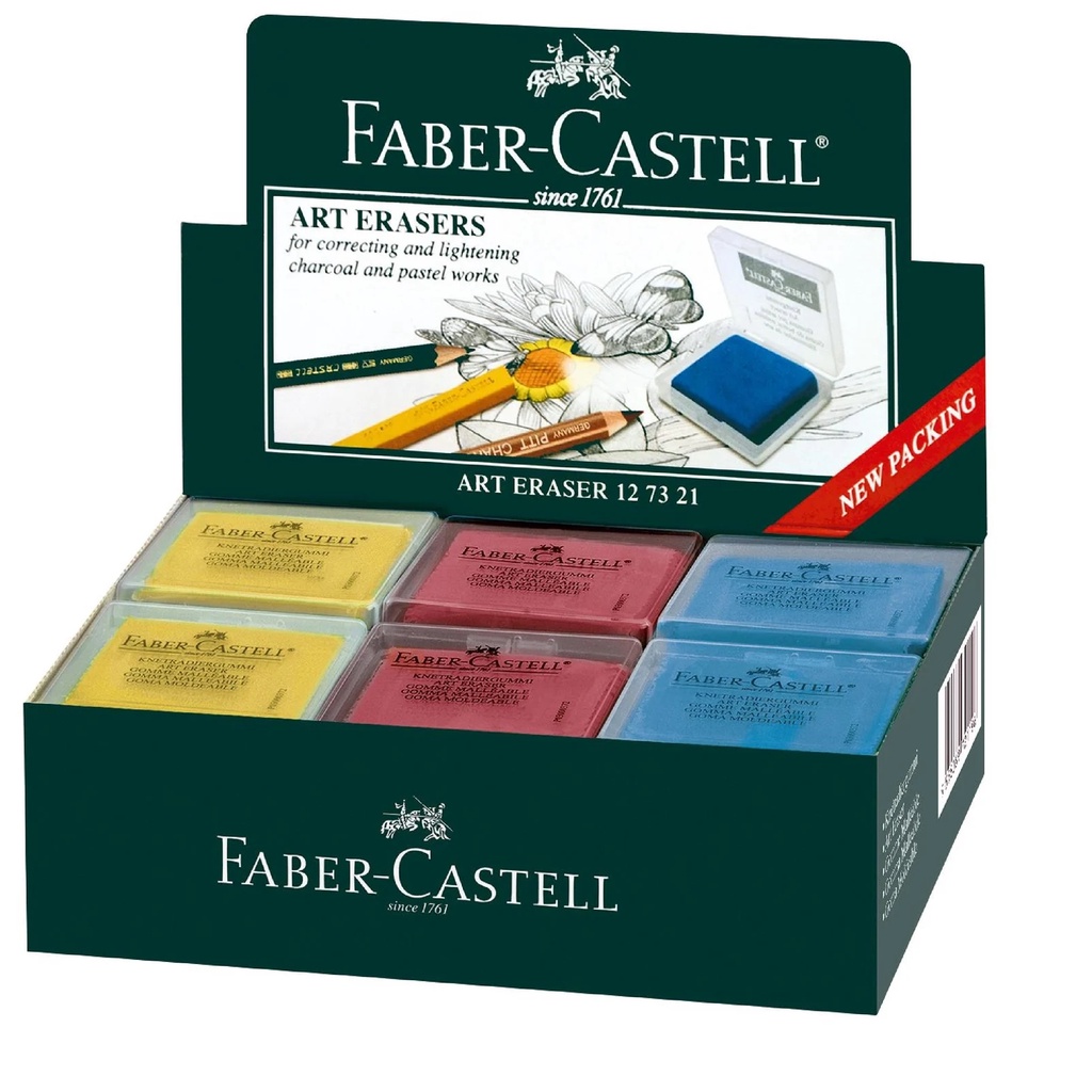 Gôm/ Tẩy đất sét dùng cho chì than Faber-Castell Kneadable Eraser hộp nhựa - Xám/ Xanh dương/ Đỏ/ Vàng