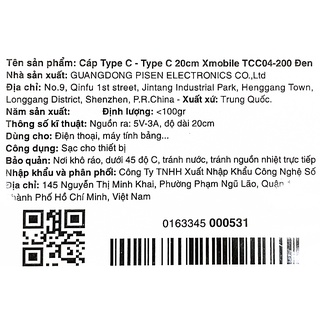Cáp Type C - Type C 20cm Xmobile TCC04-200