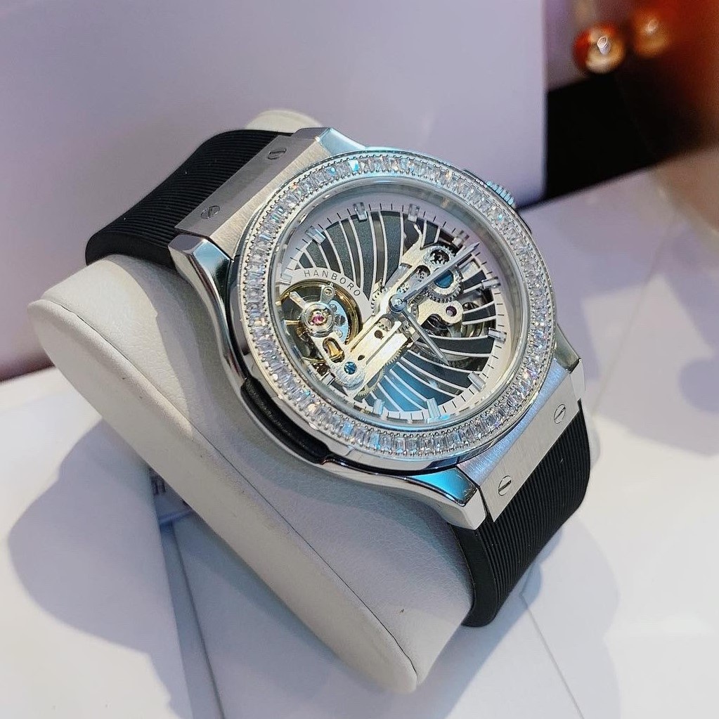 Đồng Hồ Nữ Hanboro By Huboler Dây Silicon Đen Silver 36mm Chính Hãng