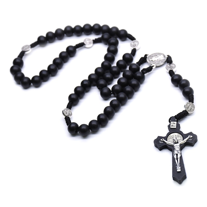 Dây chuyền chuỗi hạt mân côi đen mặt hình thánh giá chúa Jesus