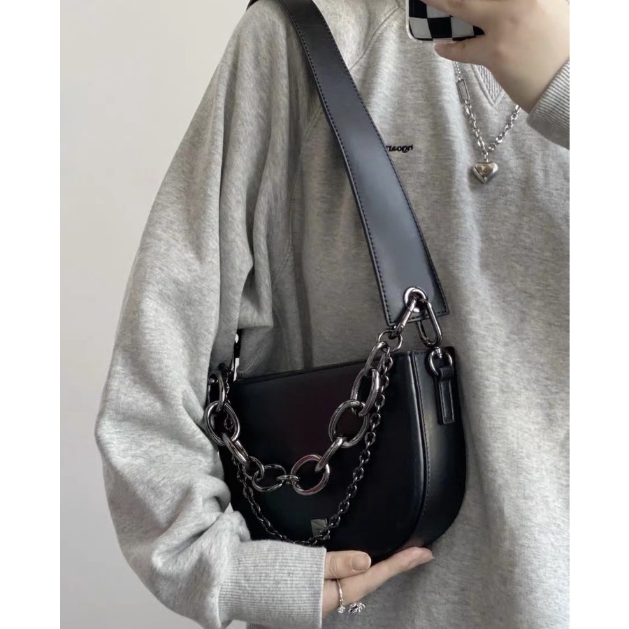 Túi Xách Đeo Vai Hình Bán Nguyệt Phối Dây Xích Phong Cách Thời Trang Hàn Quốc 2022 Dành Cho Nữ