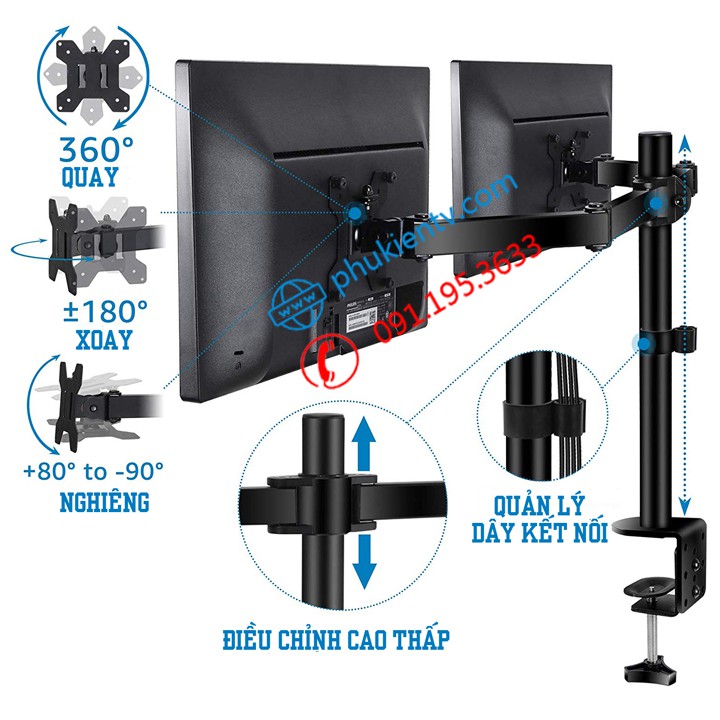 Giá Treo Màn Hình - Giá Đỡ 2 Màn Hình M052 17 - 27 Inch - Tay Đỡ Hai Màn Hình Xoay 360 độ [ Rẻ Hơn NB F160 ]