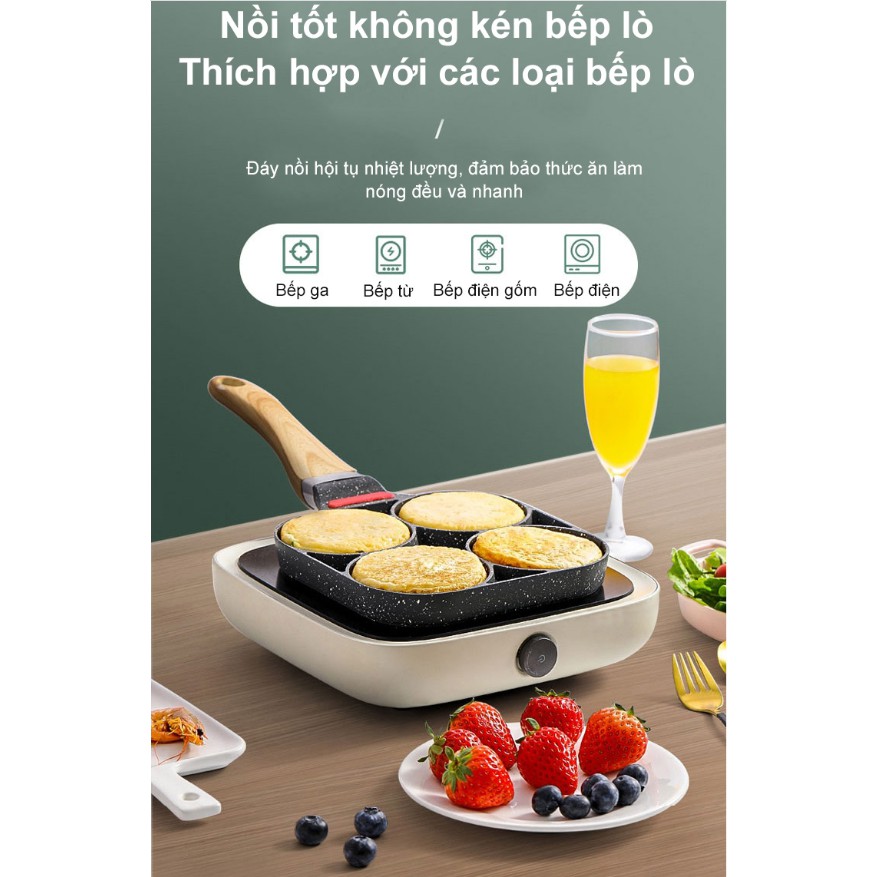 Chảo làm bánh - chảo nướng bánh  đa năng phong cách CHÂU ÂU hình trục bốn lỗ cùng với cán được làm bằng GỖ