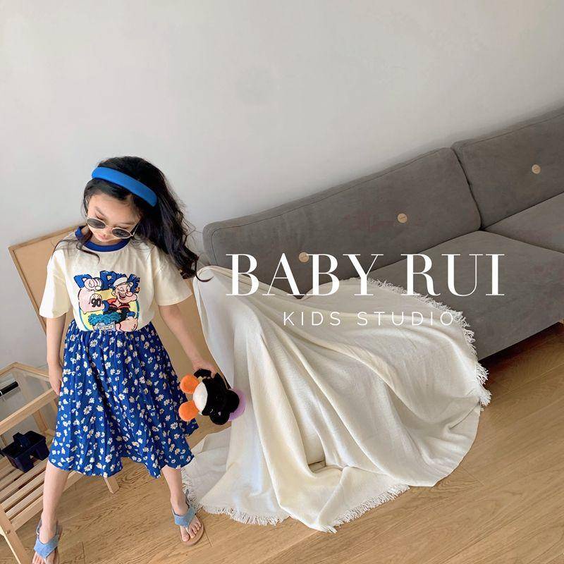 Set áo thun cotton in họa tiết hoạt hình + chân váy hoa lưng thun phong cách Hàn Quốc thời trang mùa hè cho bé