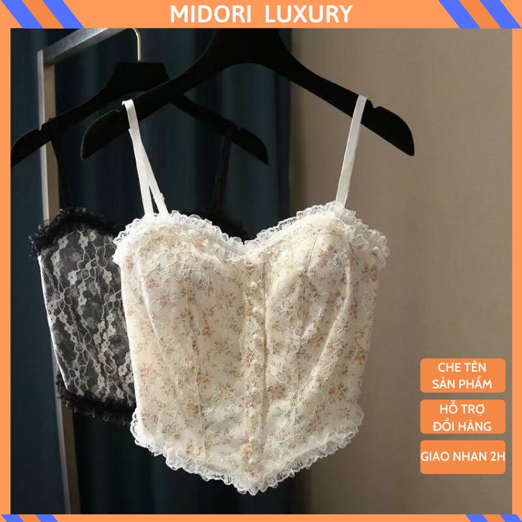 Áo Bra ren tiểu thư đính ngọc siêu xinh Midori - Áo Croptop Hai dây hai màu đen trắng Vintage A112