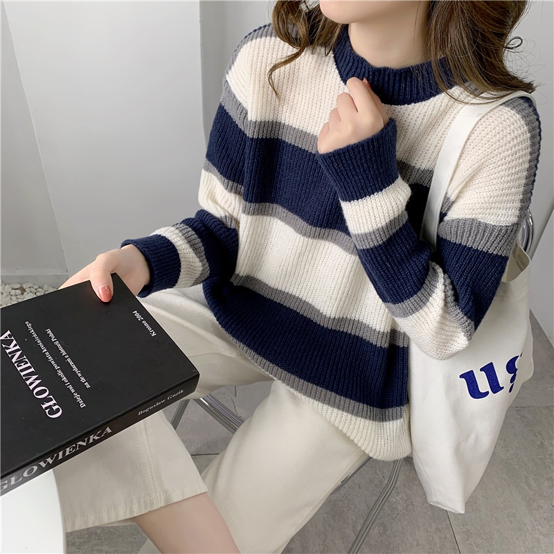Áo sweater tay dài cổ tròn thiết kế thời trang sọc kiểu Hàn Quốc cho nữ