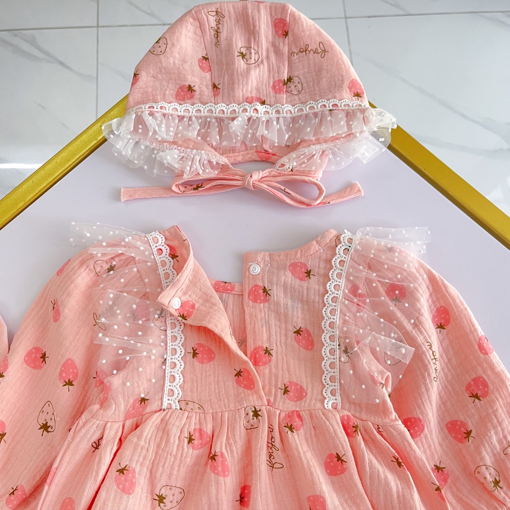 Bodysuit cho bé Màu hồng Nina Kids Boutique Body bé gái sơ sinh 0 24 tháng Set body xô muslin dâu tây Kèm Mũ và Bao chân