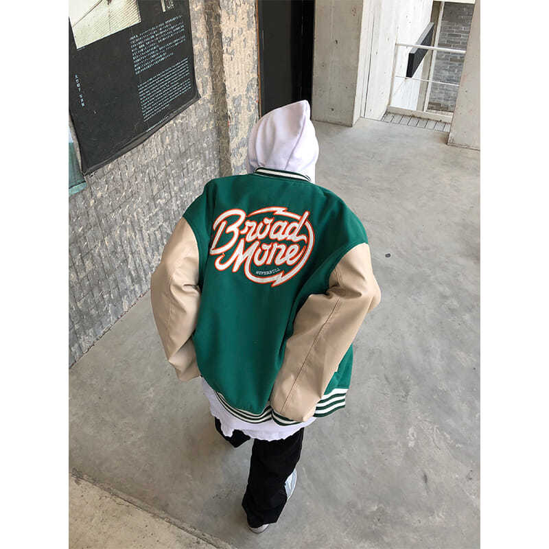 Áo Khoác Bóng Chày Phối Da Dáng Rộng Thêu Chữ Phong Cách Retro