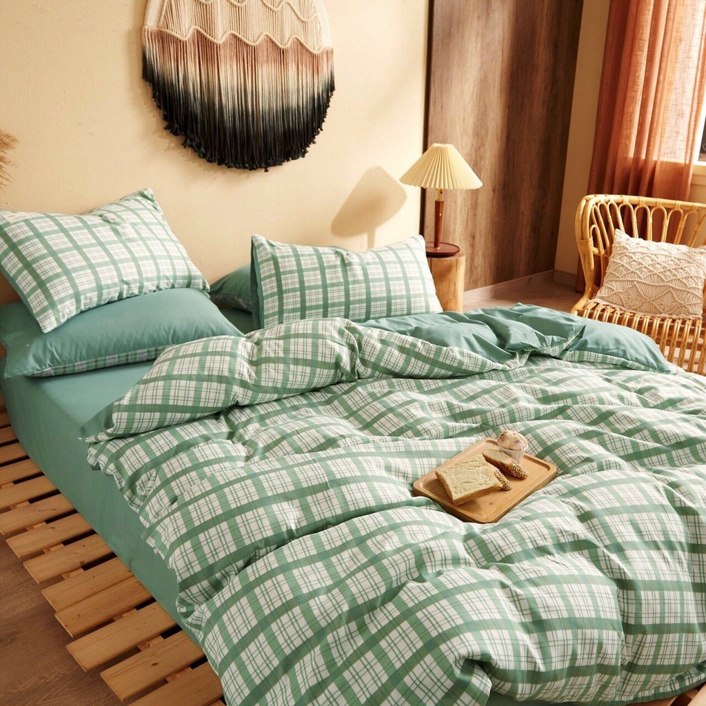 Bộ chăn ga gối cotton tici kẻ VIE HOME bedding, họa tiết kẻ dễ thương