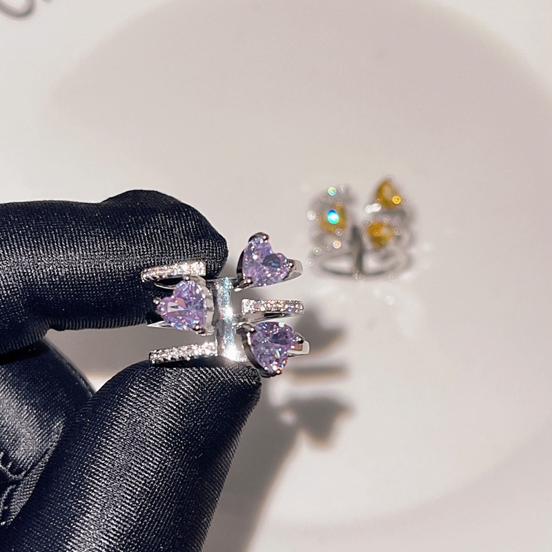 Nhẫn Hở Ba Lớp Hình Trái Tim Đính Đá Zircon Màu Vàng / Tím Sang Trọng Có Thể Điều Chỉnh