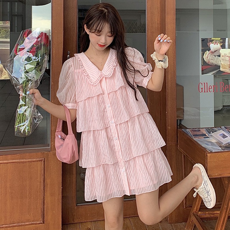 JANE SẴN Váy tầng sơ mi kẻ sọc Pinky xinh xắn J0057