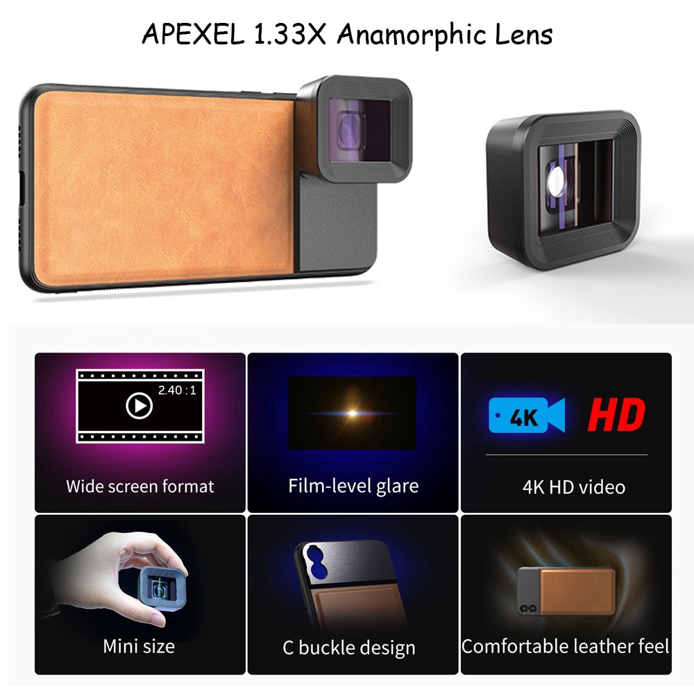 APEXEL biến hình Lens 1.33x Màn hình Wide video Widescreen SLR Movie Mobile Phone Lens cho iPhone Huawei Samsung