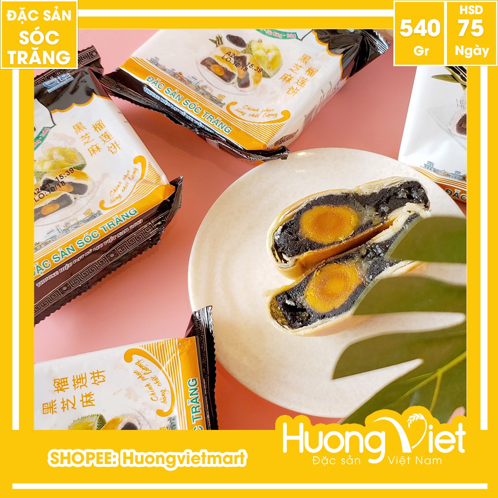 Bánh pía mè đen sầu riêng trứng muối 540g, bánh pía Sóc Trăng Tân Huê Viên túi gồm 4 bánh bao bì riêng biệt