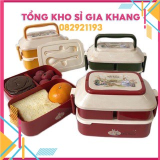 sp473 Hộp đựng cơm văn phòng Hộp cơm 2 tầng 3 ngăn có quai sách tặng đũa thìa nhựa