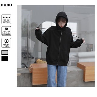Áo khoác hoodie nam nữ màu đen trơn form rộng tay phồng ,áo hoodie unisex có khóa kéo vải nỉ trơn