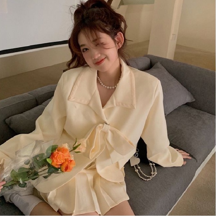 Chân váy xếp ly Perty / Áo khoác Perty thắt nơ phong cách Hàn Quốc dành cho nữ