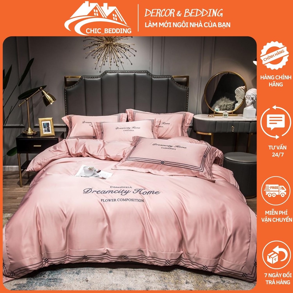 Bộ chăn ga gối lụa Dream City Home, Sét 4 món ga giường chất phi lụa không nhăn mềm mịn