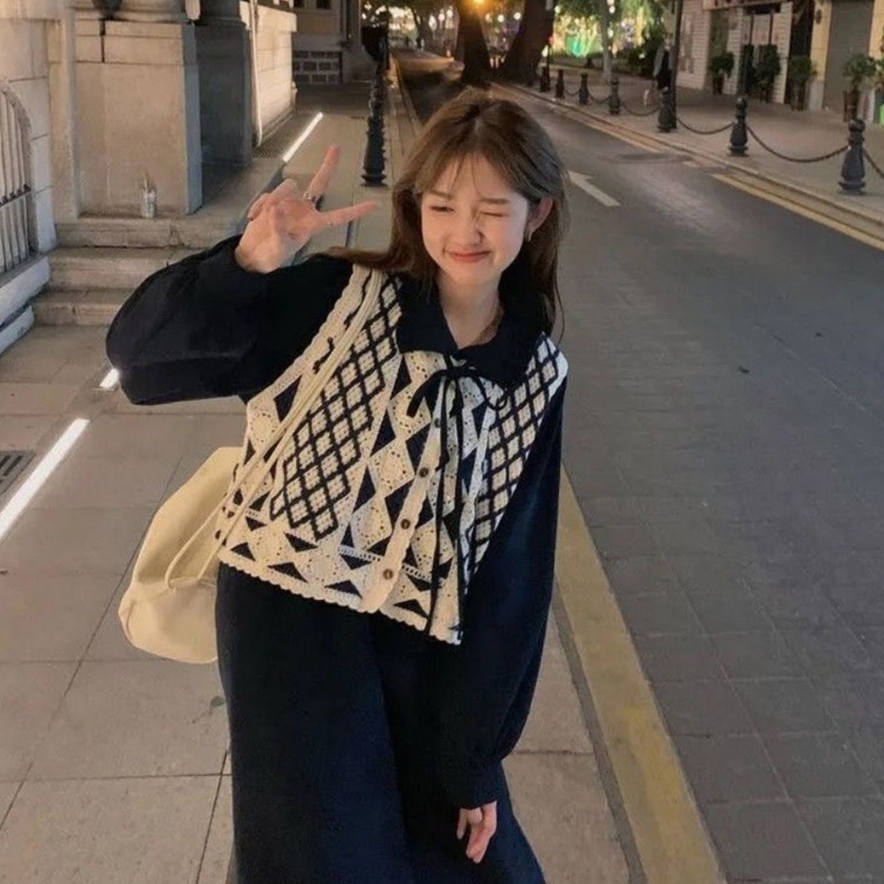 Brroa Áo Khoác Cardigan Dệt Kim Không Tay Cài Nút Họa Tiết Kim Cương Vintage Argyle Cho Nữ