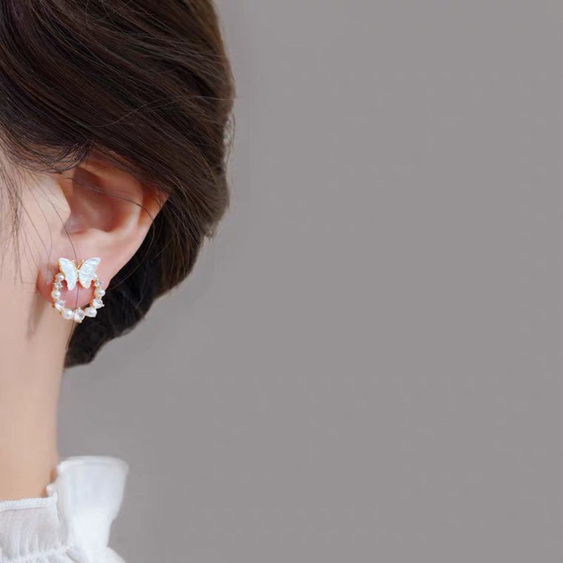 Bông Tai Mạ Bạc 925 Hình Tròn Đính Bướm Kiểu Hàn Quốc Thời Trang 2022