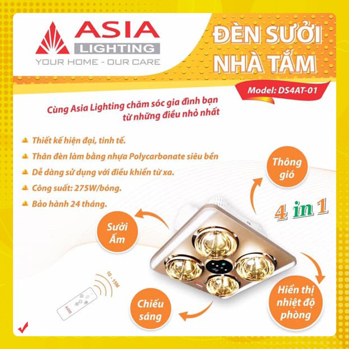 {Có Điều Khiển Từ Xa} Đèn Sưởi Ấm Nhà Tắm Âm Trần ASIA DS4AT-01 Mẫu 4 Bóng Hồng Ngoại Công Suất 1100W - Bảo Hành 2 Năm