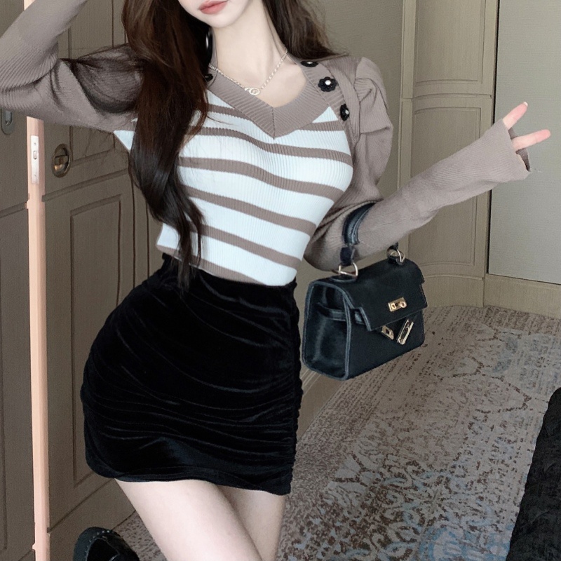 Áo Sweater Dáng Ôm Cổ Chữ V Kẻ Sọc Thời Trang Mùa Thu Cho Nữ