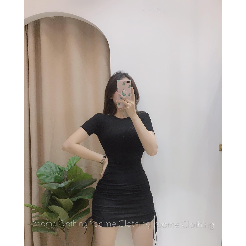Váy body tay cộc cổ tròn dây rút sườn chát thun dày mịn [ ảnh thật tại shop ] | BigBuy360 - bigbuy360.vn