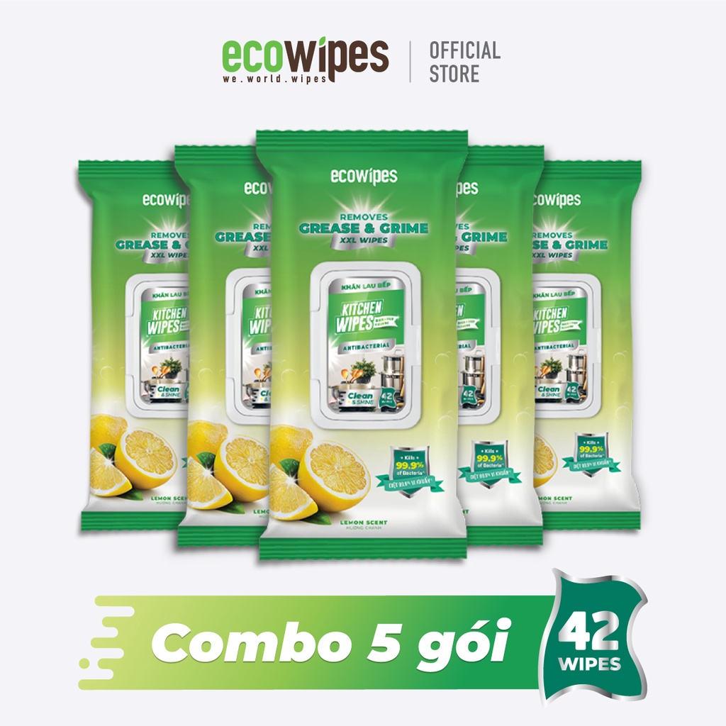 Combo 5 gói KHĂN ƯỚT LAU BẾP EcoWipes 42 tờ/gói - Loại bỏ dầu mỡ và vết bẩn