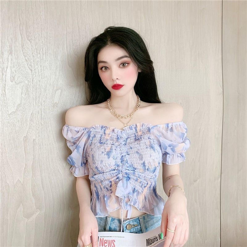 Áo Chiffon Cổ Vuông Tay Phồng Phối Dây Rút Họa Tiết Tranh Sơn Dầu Phong Cách Thời Trang Mới 2022