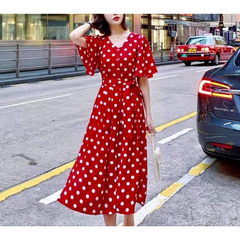 đầm đỏ nữ chấm bi 154