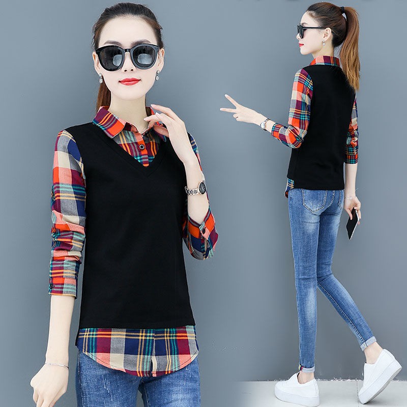 Áo sơ mi tay dài giả hai lớp thời trang xuân thu cho nữ