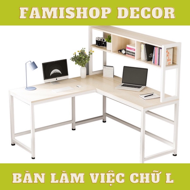 Bàn làm việc chữ L chân sắt kèm kệ sách FAMI - 008