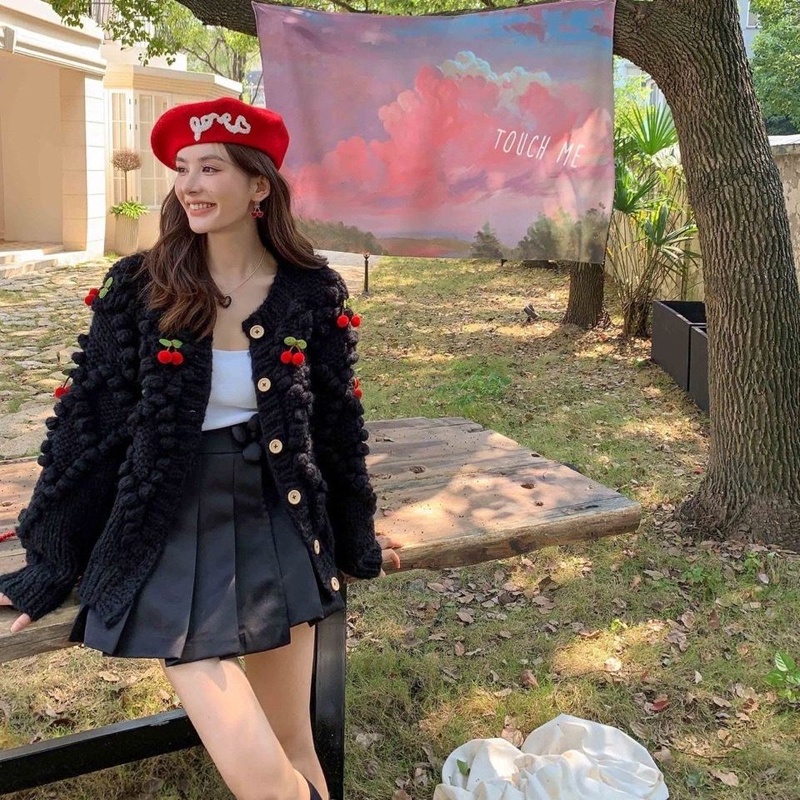 Áo khoác cardigan IELGY len dáng rộng họa tiết quả cherry phong cách retro thời trang dành cho nữ