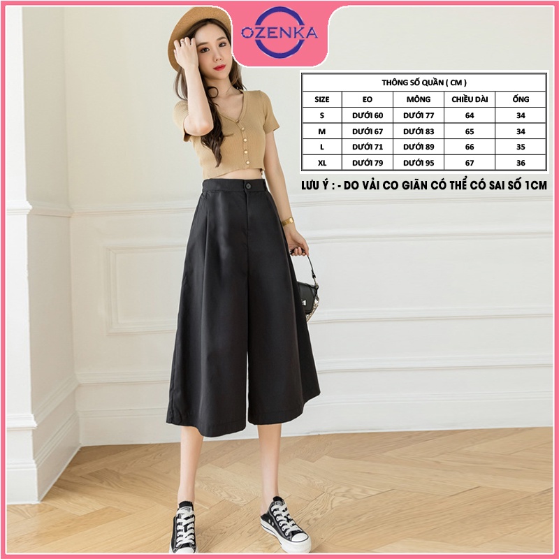 Quần lửng cạp cao ống rộng nữ OZENKA , quần lỡ giả váy đũi tơ mặc đi chơi mặc ở nhà siêu mát màu đen rêu