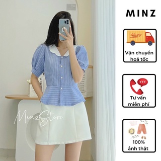 Áo sơ mi công sở nữ tay cộc minz store dáng peplum, thiết kế cổ v lượn