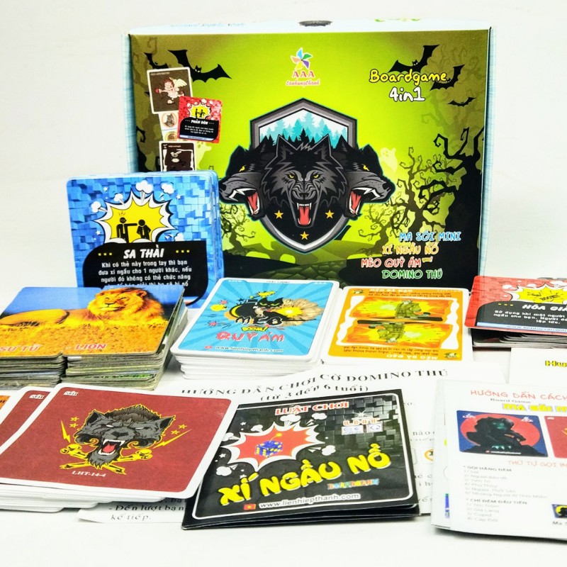 Boardgame 4 trong 1 Ma sói Mini, Mèo quỷ ám, Xí ngầu Nổ, Domino thú LIÊN HIỆP THÀNH, Hàng cao cấp chính hãng