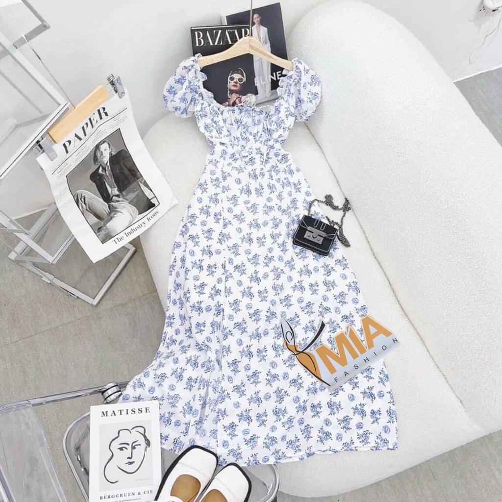 ĐẦM MIDI HOA NHÍU NGỰC XẺ ĐÙI XANH - DA2387