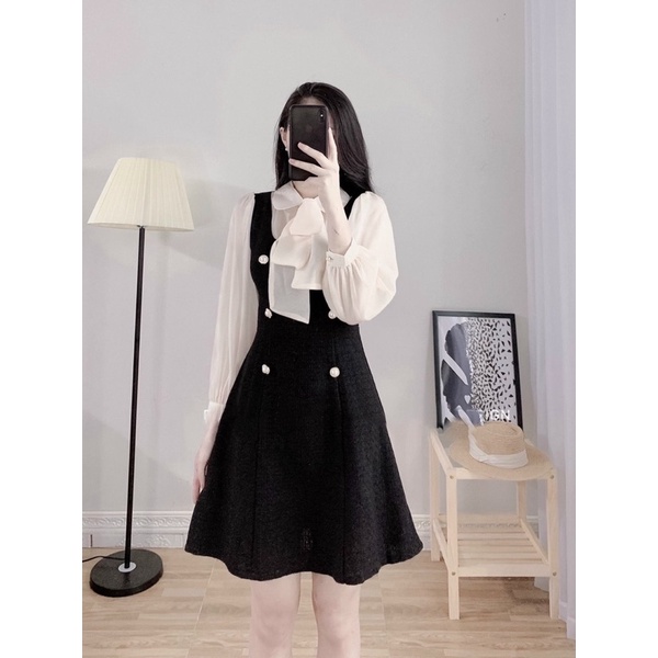 Đầm dự tiệc nơ cổ dài tay xinh xẻo