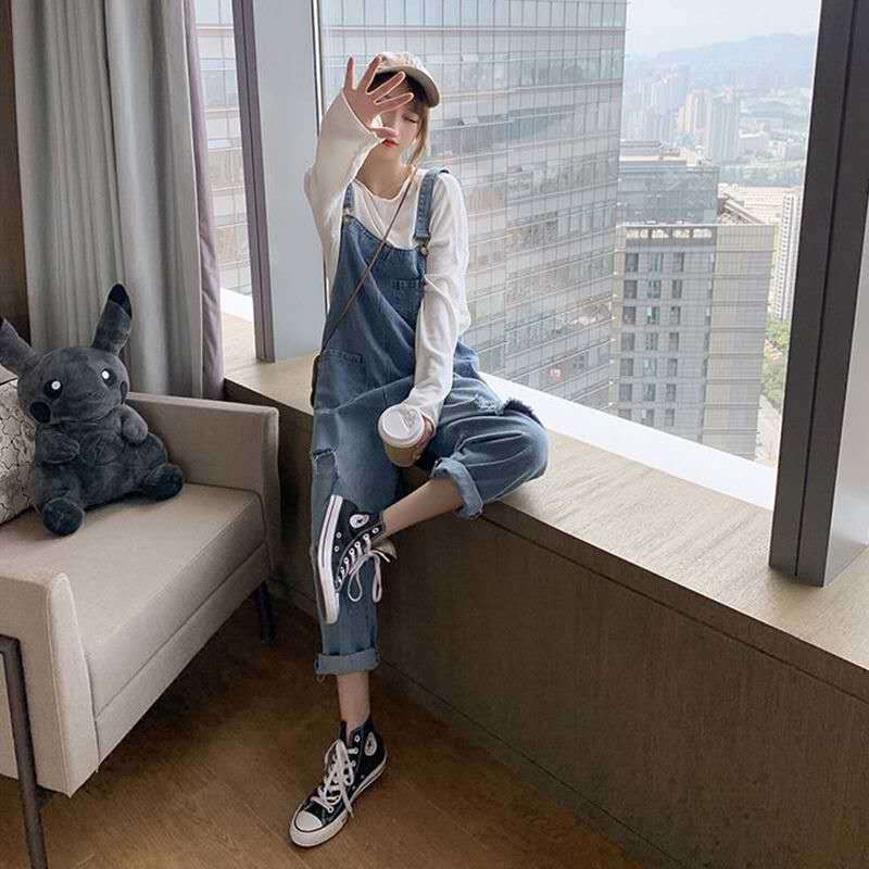 Quần Yếm Denim Dáng Rộng Thiết Kế Rách Thời Trang Xuân Thu Phong Cách Hàn Quốc Mới