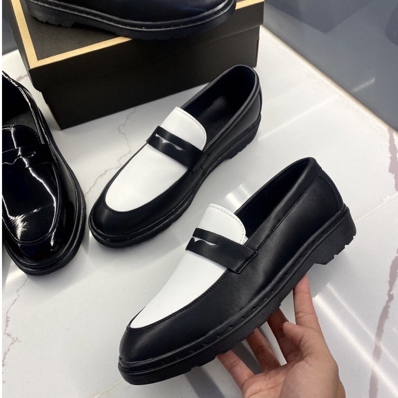 Giày Penny Loafer Black White da nguyên tấm, Giày Sơn Tùng Đế Phíp Cao Cấp