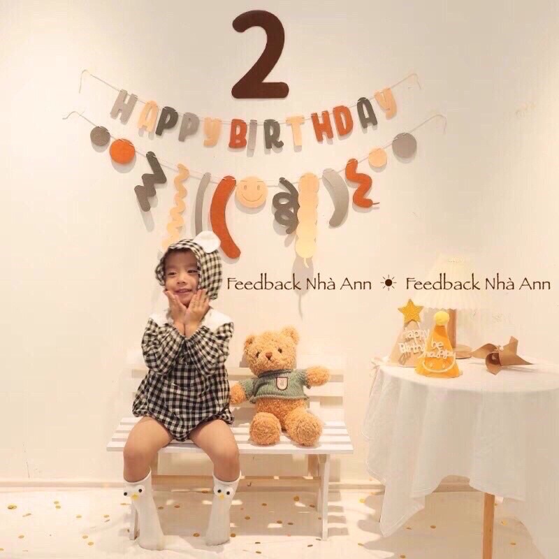 Dây chữ Happy Birthday vải dạ màu nâu tây trang trí sinh nhật phong cách Hàn Quốc