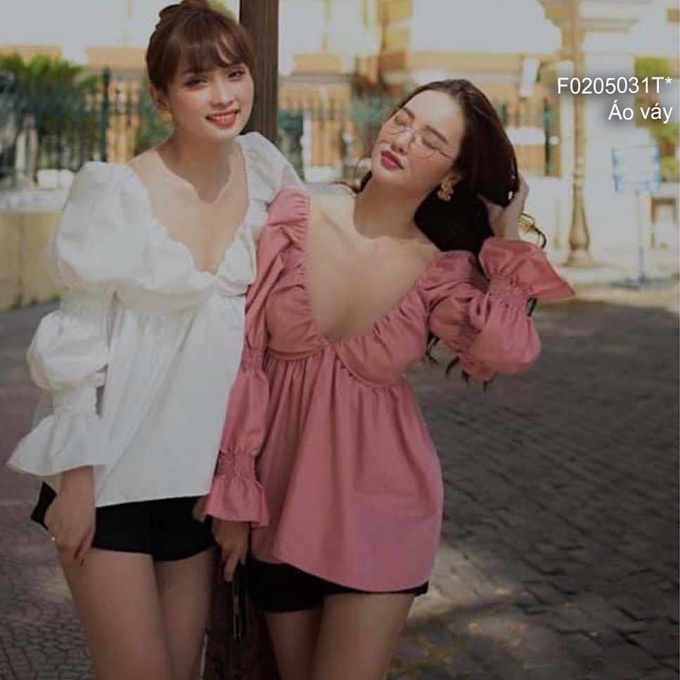 Áo váy thô cổ tim tay dài phồng bo chun có cúp!