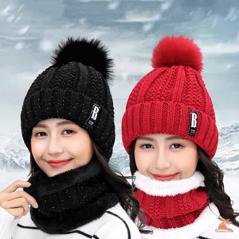 #Mũ len# Winter Beanie Hat Scarf Set Women Slouchy Scarf Warm Knitted Hat for Outdoor Girl