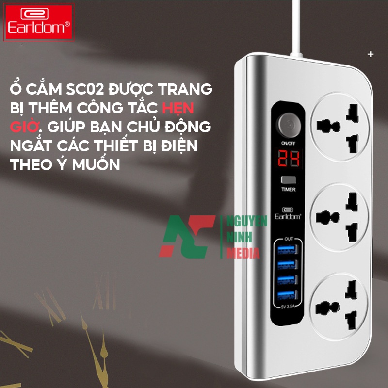 Ổ Cắm Điện Đa Năng Earldom ES - SC02 Tích Hợp Nhiều Cổng Sạc + Hẹn Giờ Thông Minh - Hàng Chính Hãng