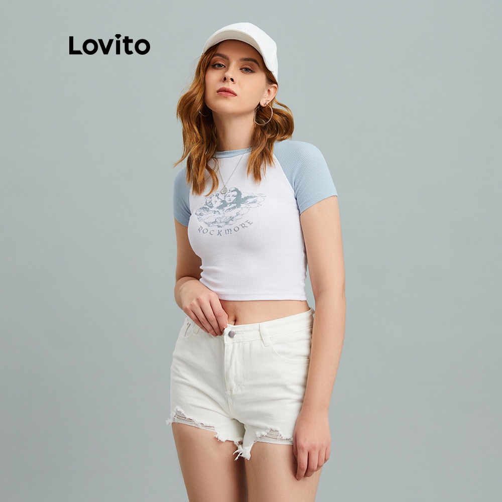 Áo thun Lovito dáng ngắn ghép nối màu sắc phong cách Preppy L10915 (Màu xám) | BigBuy360 - bigbuy360.vn