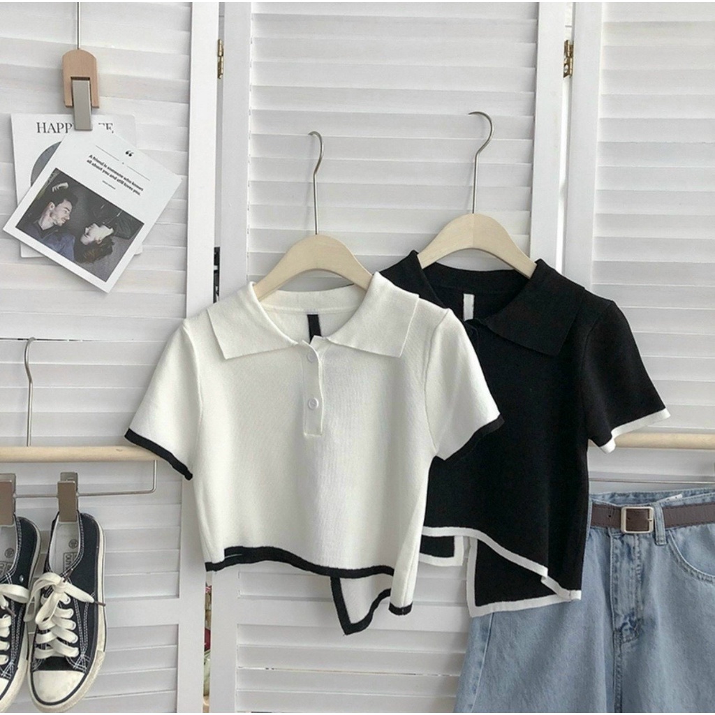 áo croptop vạt chéo tà cài nút sau cổ bẻ thun gân