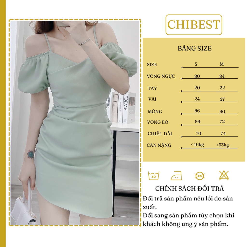 Đầm body 2 dây phối tay phồng rớt vai kiểu nhún eo ôm hông tôn dáng CHIBEST HDB616