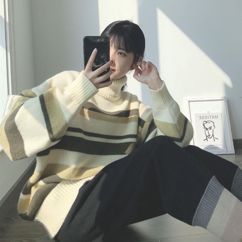 Áo Len Cổ Lọ Họa Tiết Kẻ Sọc Phong Cách Hàn Quốc Thời Trang Cho Nữ