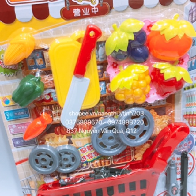 Vỉ đồ chơi xe đẩy siêu thị ĐỎ XÁM kèm phụ kiện y hình dành cho bé