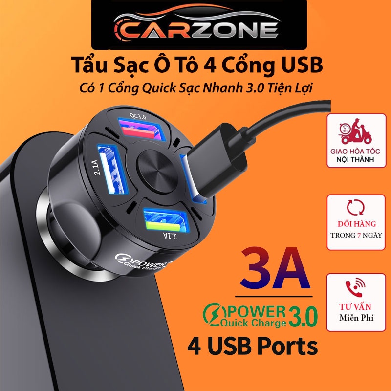 Tẩu Sạc Ô Tô - Tẩu Sạc Nhanh Ô Tô 4 Cổng USB VERSION 2 (Có 1 Cổng Quick Sạc Nhanh 3.0) - Tiện Lợi CARZONE.TOP